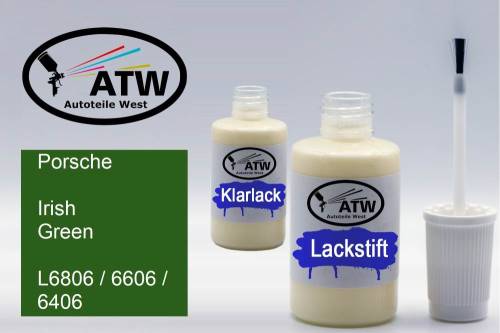 Porsche, Irish Green, L6806 / 6606 / 6406: 20ml Lackstift + 20ml Klarlack - Set, von ATW Autoteile West.